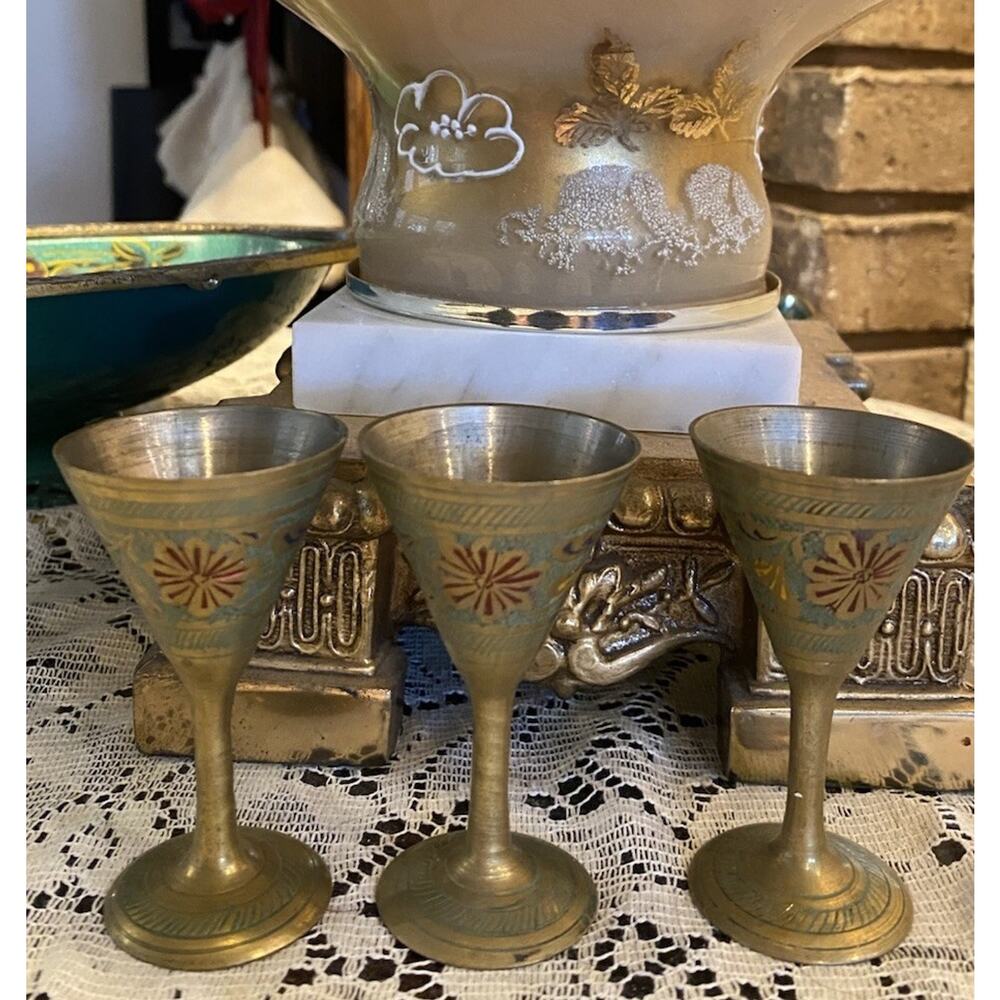 Vintage Unique Ornate Etched Brass Small Wine Set Of 3Cups/Candle holder